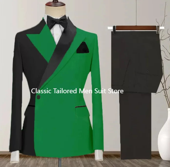 Custom Made Black Groom Tuxedo Peaked Lapel Double Breasted Men Suit Prom Wedding Party Men Suits Costume ( Jacket+Pants)