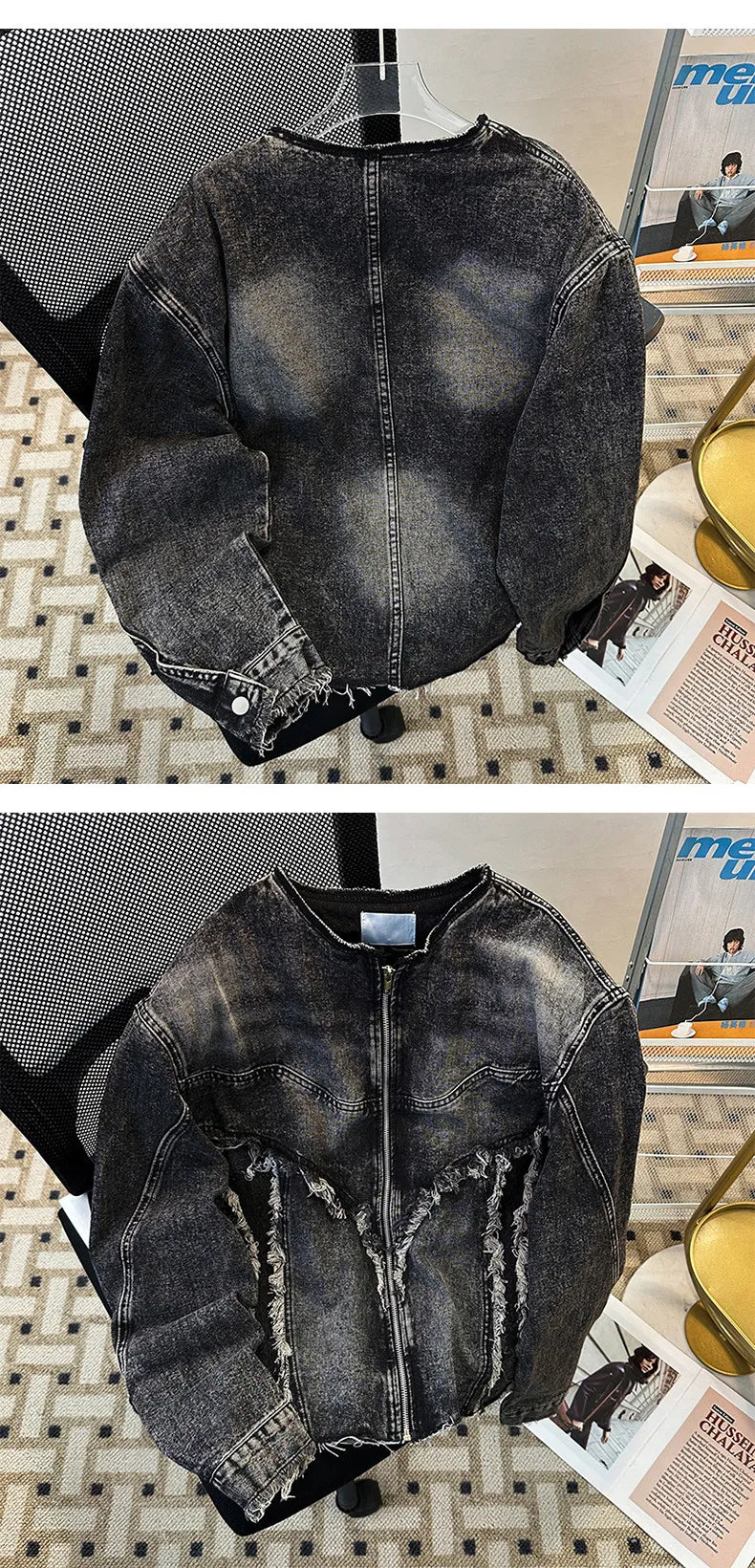 Men's Fringed Denim Set 2026 Spring New American Retro Washed Shoulder Padded Zipper Jacket Splicing Jeans Two Pieces Sets