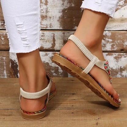 Clip Toe Bohemian Style Sandals for Women Fashion Mix Color Pearl Rome Sandals Woman  New Flat with Non-Slip Beach Shoes