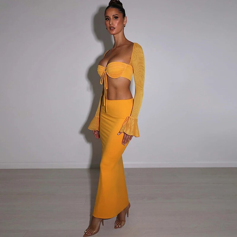 Elegant 2 Piece Sets Women Outfit 2023 Long Sleeve Top And Maxi Skirt Sets Party Festival Night Club Outfits Co ord Sets