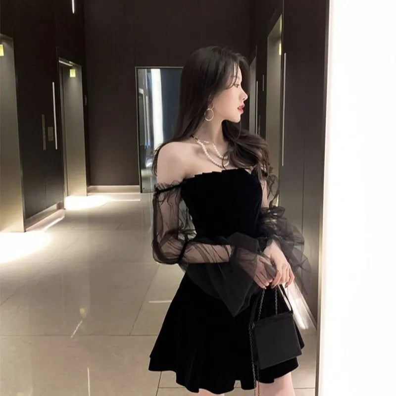 New 2022 Black Retro Dress Women Lace Chiffon Mini Dress Female High Street Sexy Korean Fashion Dress Women Club Dress