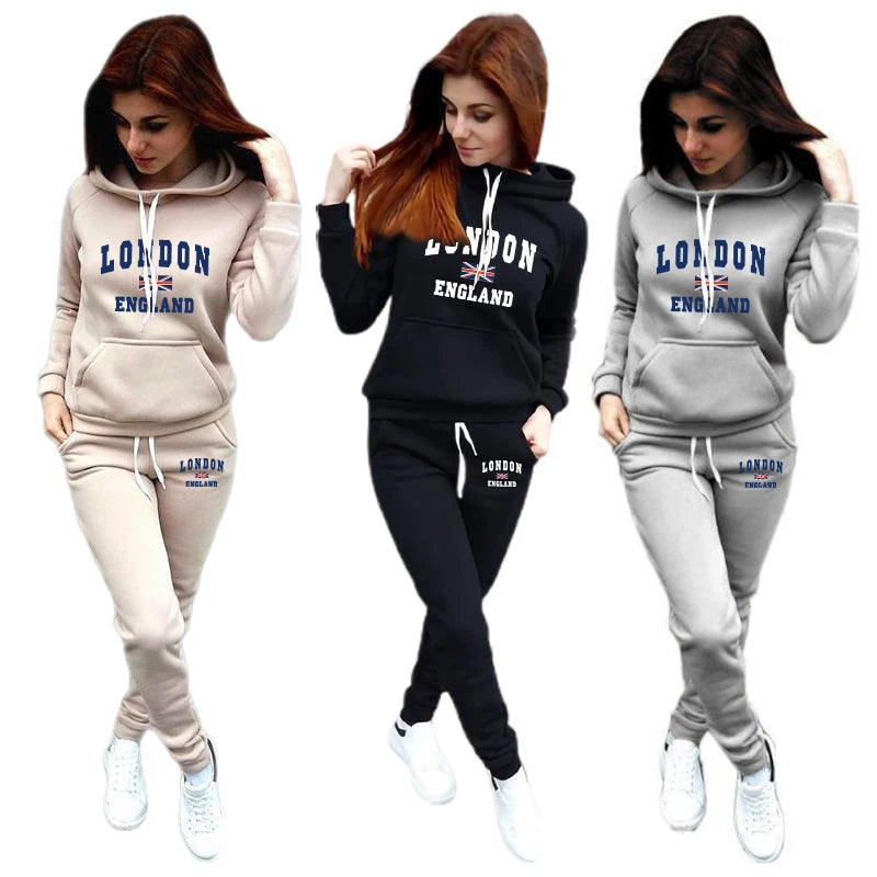 Casual Womens Tracksuit Print Hooded Sweatshirts+Trousers Set Casual Jogging Outfits Autumn Winter European Street Warm Clothing