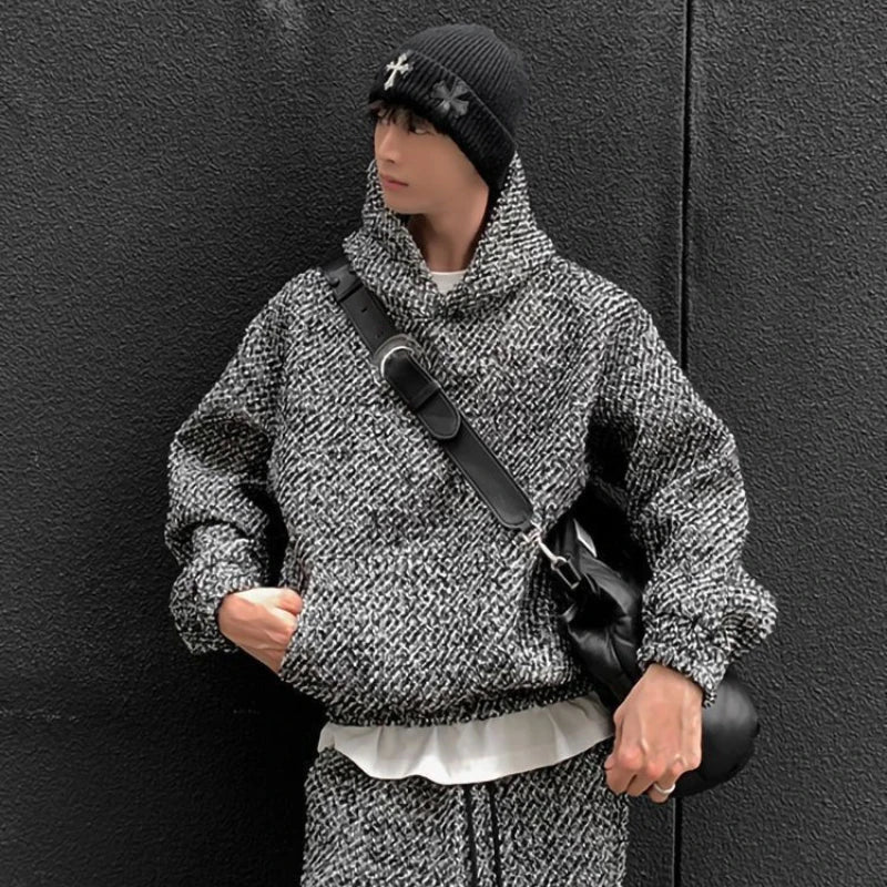 Trendy Niche Suit Men's Sports Casual High Street Retro Woolen Fashion Elegant Style Velvet Hooded Sweatshirt Men's Clothing