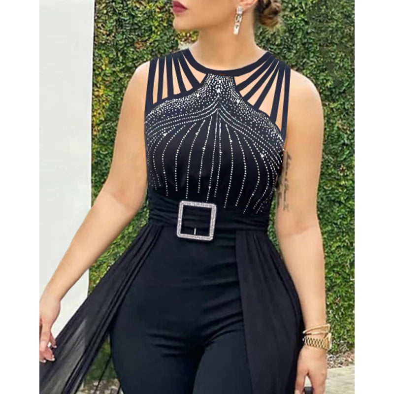 2023 New Fashion Women Sexy Rhinestone Sheer Mesh Sleeveless Jumpsuit Rompers Ladies Elegant Solid Jumpsuit