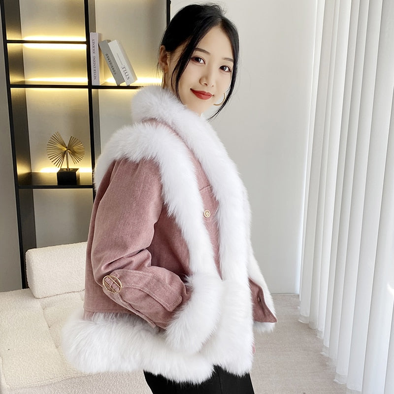 2023 Winter New Imported Fox Fur Denim Coat White Goose Down Jacket Loose Female Short Top