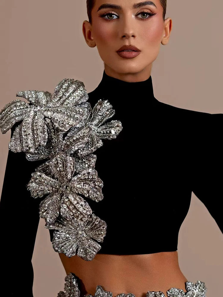 Sexy Long Sleeves Bandage 2-Piece Sets Women Turtleneck Shiny Diamonds Flower Top + Bodycon Mini  Skirts Suits Evening Party Set