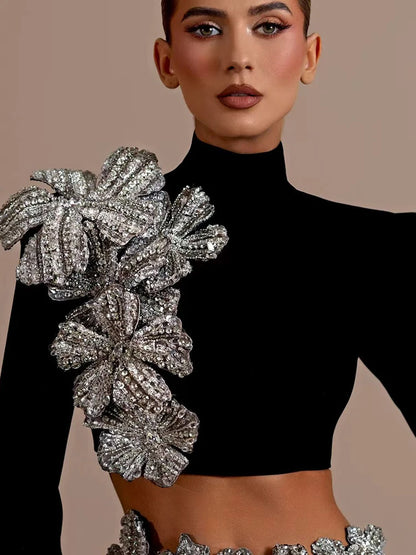 Sexy Long Sleeves Bandage 2-Piece Sets Women Turtleneck Shiny Diamonds Flower Top + Bodycon Mini  Skirts Suits Evening Party Set