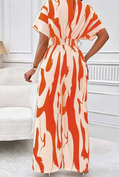 Women Wide Leg Jumpsuit Spring Summer Fashion V Neck Short Sleeve High Waist Full Body Printed Jumpsuits Casual One Pieces