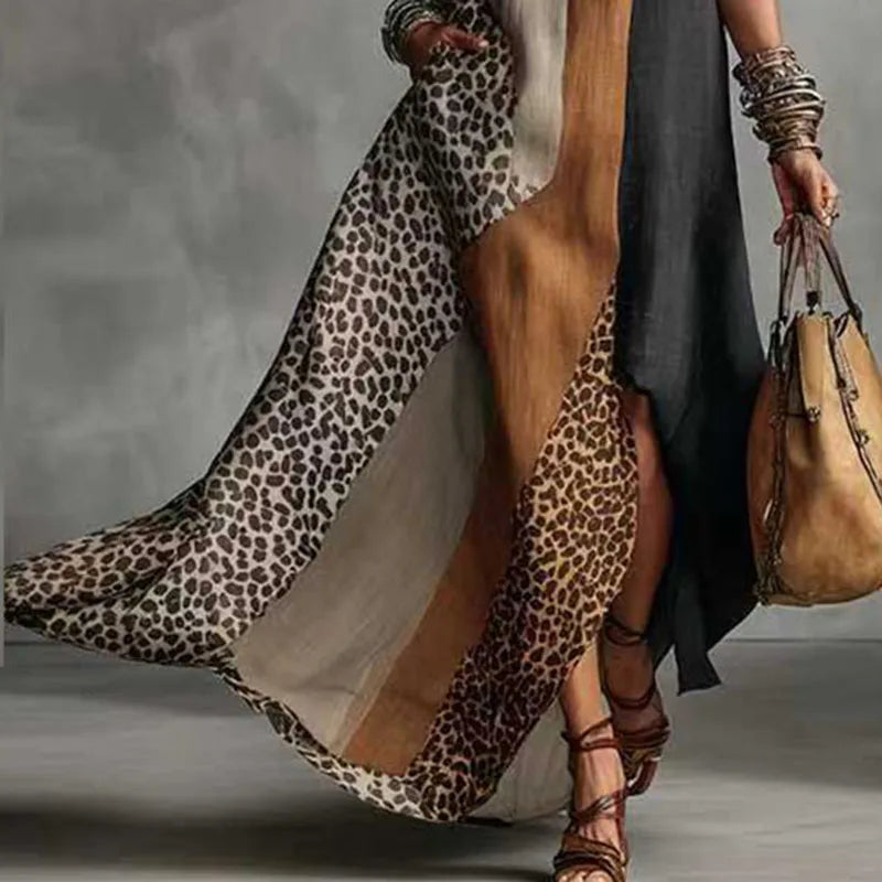 Women Patchwork Animal Print Elegant Party Dresses 2026 Spring Halter Split Hem Long Dress Summer Sleeveless Vacation Maxi Dress
