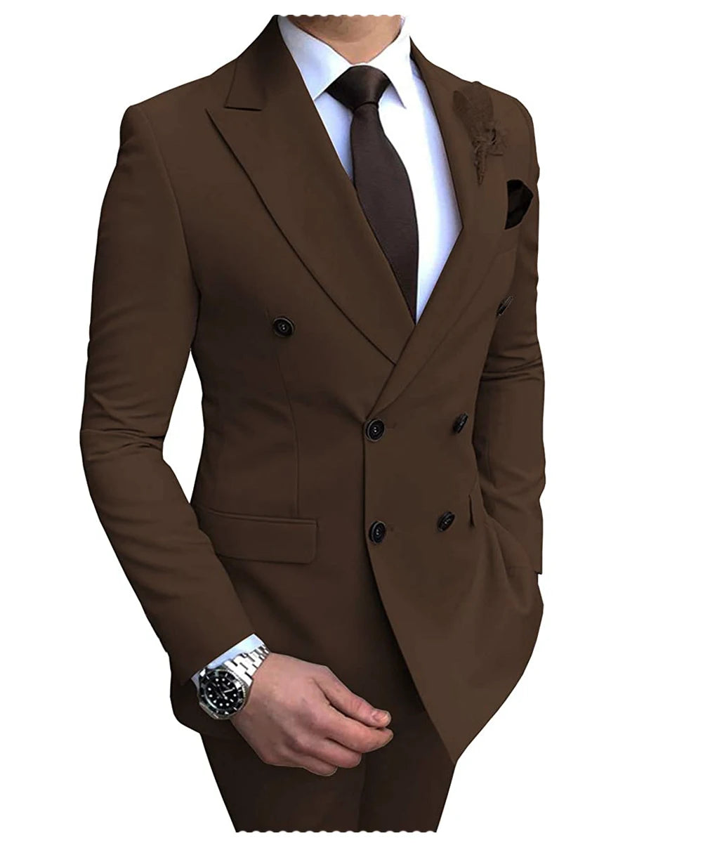 New Beige Men's Suit 2 Pieces Double Breasted Notch Lapel Flat Slim Fit Casual Tuxedos For Wedding(Blazer+Pants)