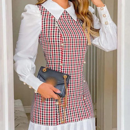 Womens Dresses  Spring Fashion Houndstooth Button Decor Puff Sleeve Ruffle Hem Elegant Turn-Down Collar Daily A Line Dress