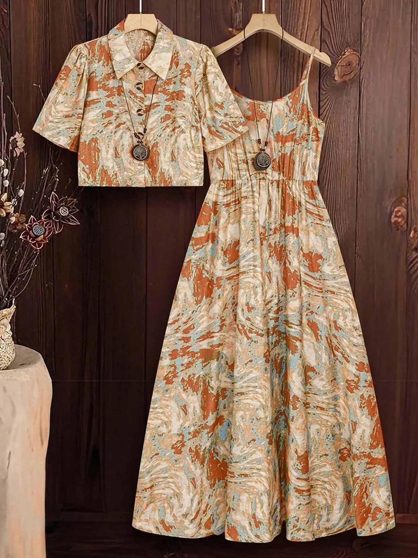 Plus Size Marble Print Tank Dress & Top Set, Casual Sleeveless Dress & Top, Women's Two-piece Outfits for All Seasons