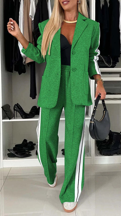 Autumn And Winter New Long Sleeves Suit Women's Suit Fashion Pimp Stitching Pants Pocket Female Office Blazer 2 Piece Set