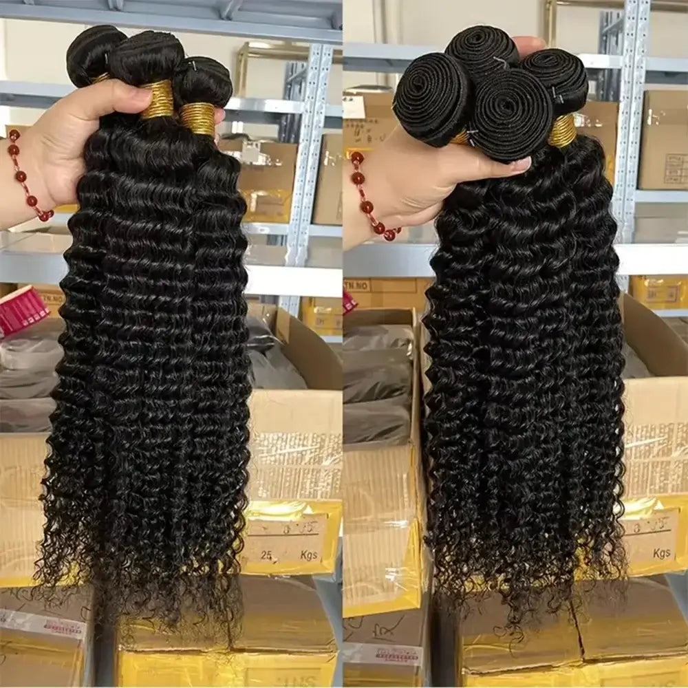 Deep Wave Bundles Human Hair Brazilian Virgin Hair Deep Wave One Weave Bundle 10A Grade Unprocessed Human Hair displayed.