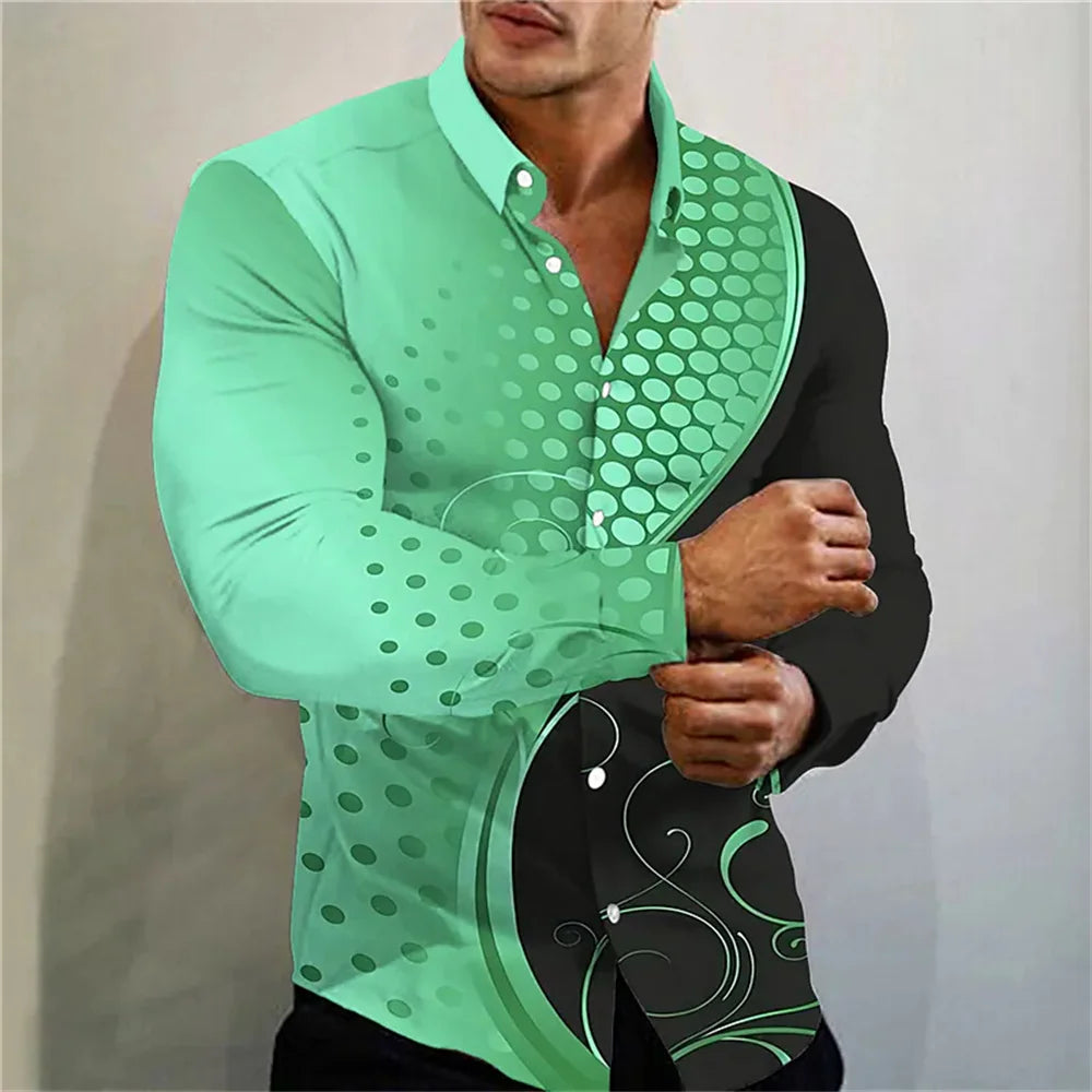 Men's High Quality Luxury Prom Fashion Social Flower Print Polo Single breasted Costume Designer Long Sleeve Men's Shirt