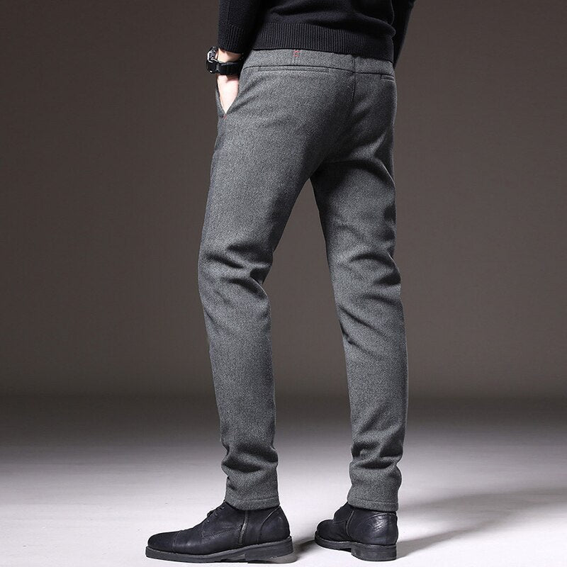 2022 Winter New Men&#39;s Thermal Business Casual Pants Trendy Slim Fit Stretch Thicken Fleece Liner Elegant Cotton Trousers