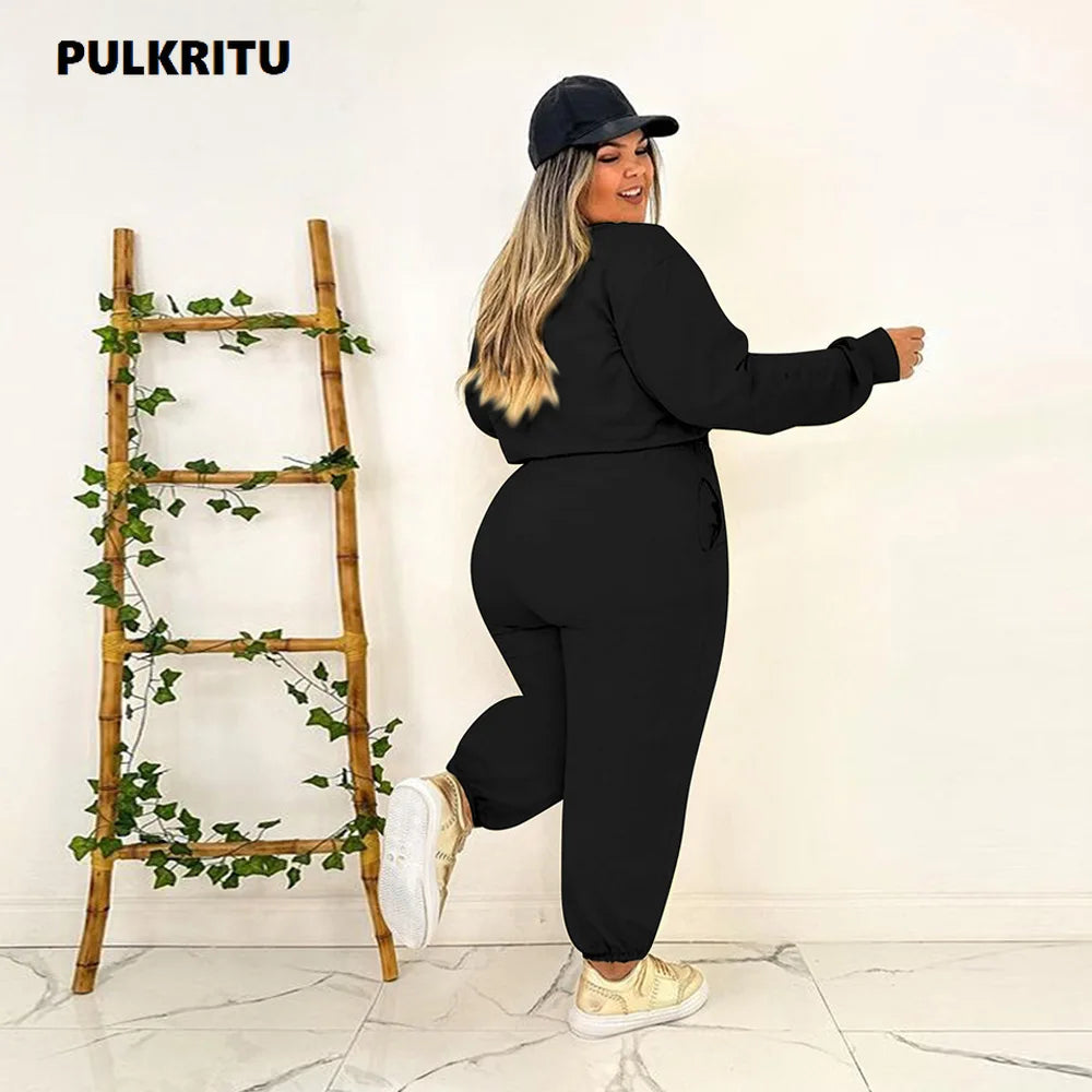 Pulkritu Plus Size Women Jogger Pants Set and Long Sleeve Sweatshirt Fashion Two 2 Piece Set Active Tracksuit Outfits