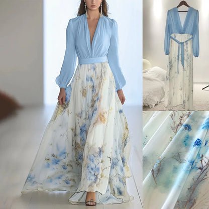 Fashion Floral Print Patchwork Bohemian Dress Woman  Sexy V Neck Hollow Long Dresses Long Sleeve  Puff Loose Maxi Dress