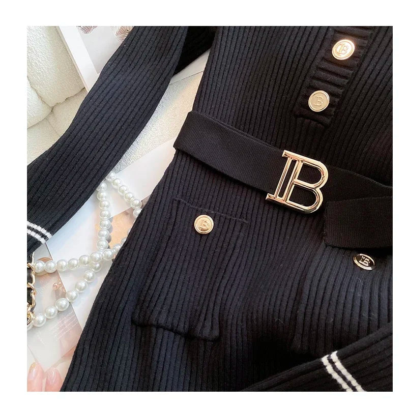 2024 New Autumn Winter Women Knitted Dress Brand Fashion O-neck Buttons Bodycon Sweater Dress with Belt Lady Office Dress