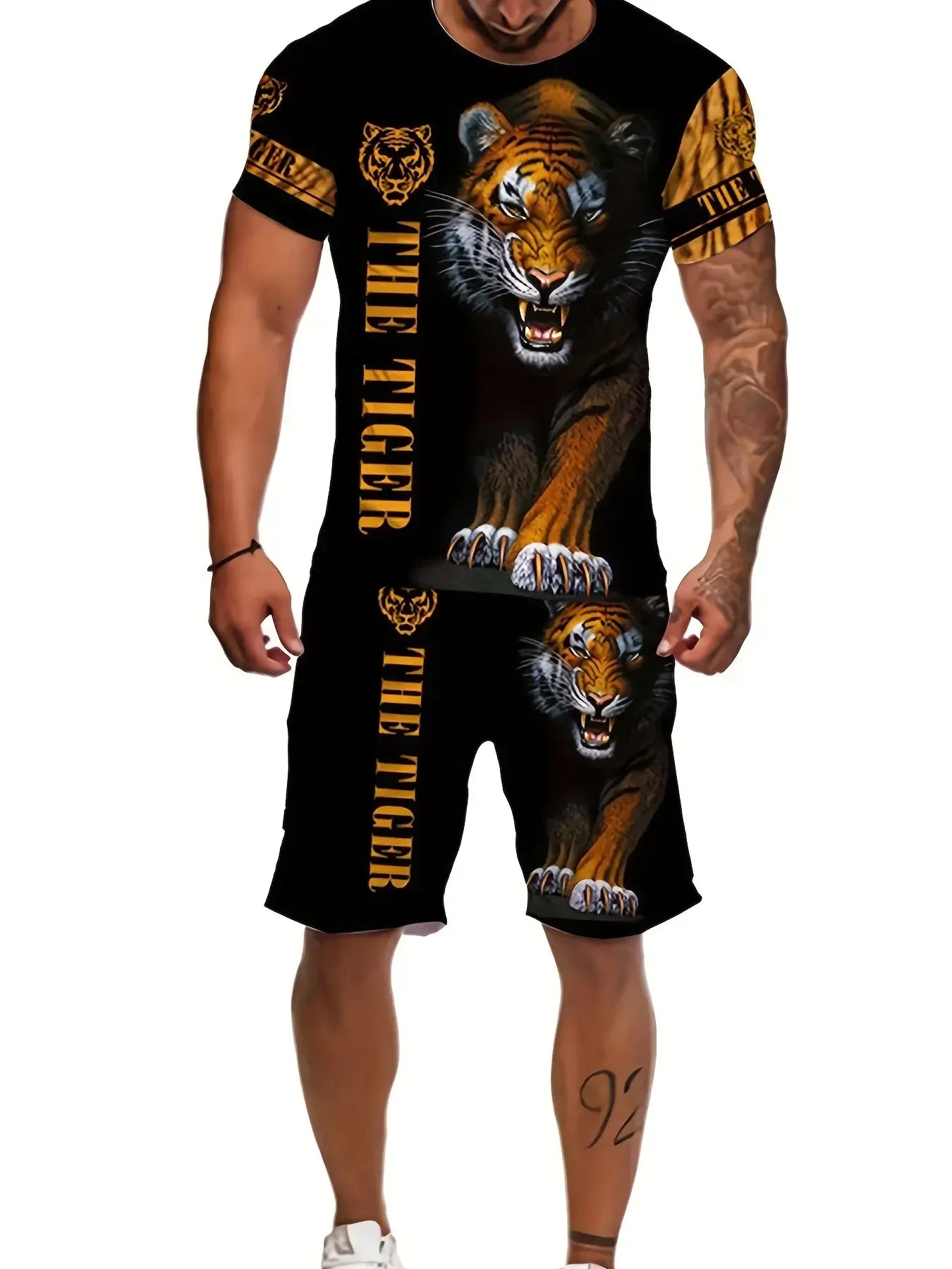 Sommerliches lässiges Herren-Set aus atmungsaktivem T-Shirt mit Rundhalsausschnitt und Shorts, cooles Tigermuster, Sommer-Outdoor-Zweiteiler in Übergröße