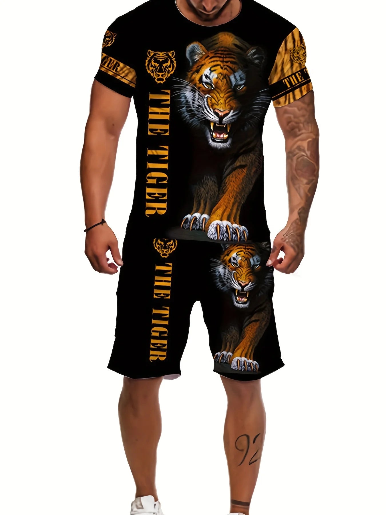 Summer men's casual round neck breathable T-shirt shorts set cool tiger pattern summer outdoor plus size two-piece set