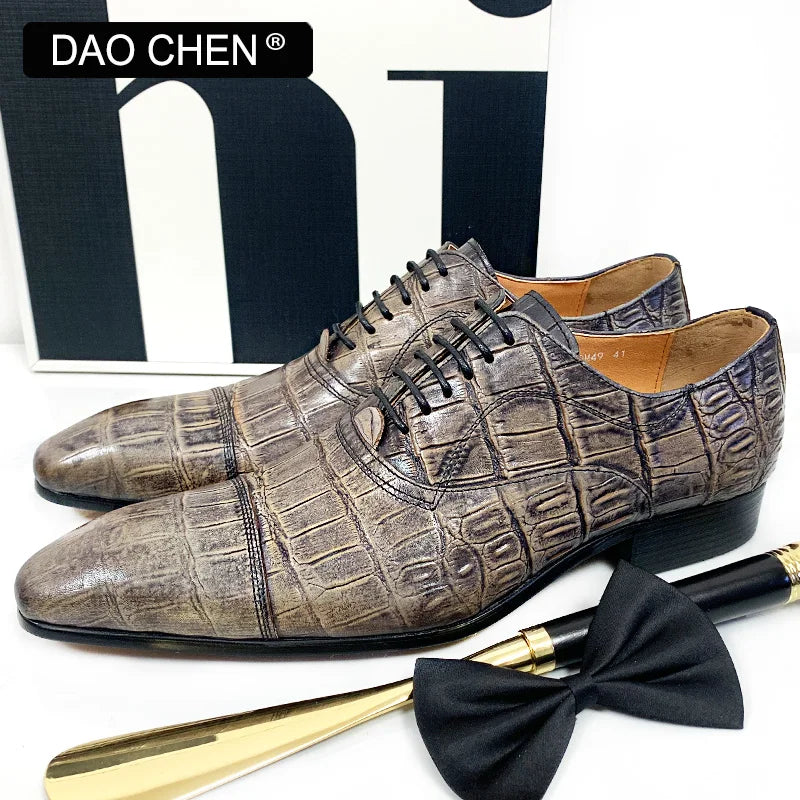 ITALIAN MEN LEATHER SHOES GRAY CROCODILE PRINT CASUAL MEN DRESS SHOES LACE UP CAP TOE WEDDING OFFICE OXFRD SHOES FRO MEN