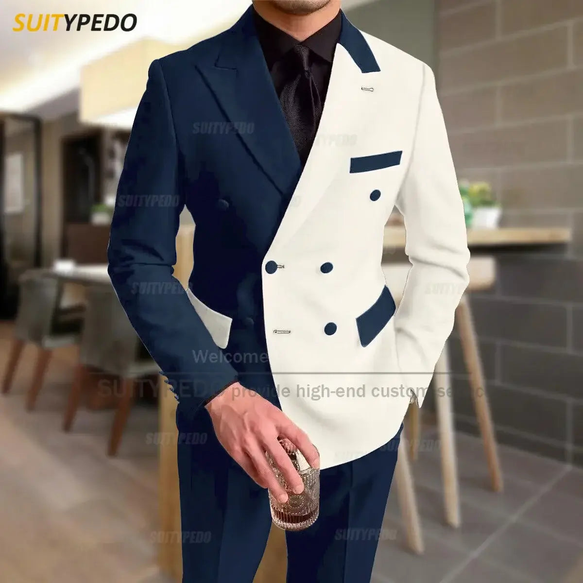 Mode Schwarz-Elfenbein-Spleiß Herrenanzug Lässige Party Klassische Zweireiher Jacke Abendessen Eleganter Blazer Hosen Outfits