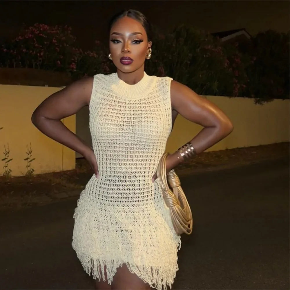 FAGADOER Fashion Tassels Hollow Out Splicing Mini Dresses 2024 Women Round Neck Sleeveless Slim Vestidos Elegant Lady Clothing