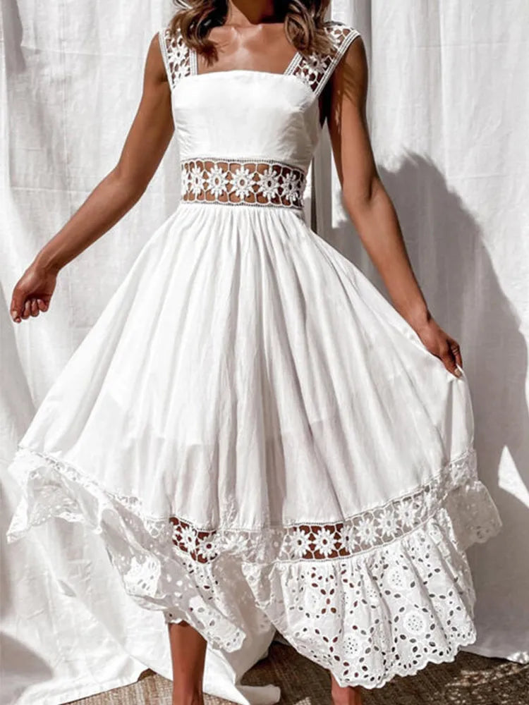 White Lace Long Dresses Women Summer Sleeveless Backless Cotton Dress Elegant Fashion Casual Hollow Out Big Swing Beach Sundress