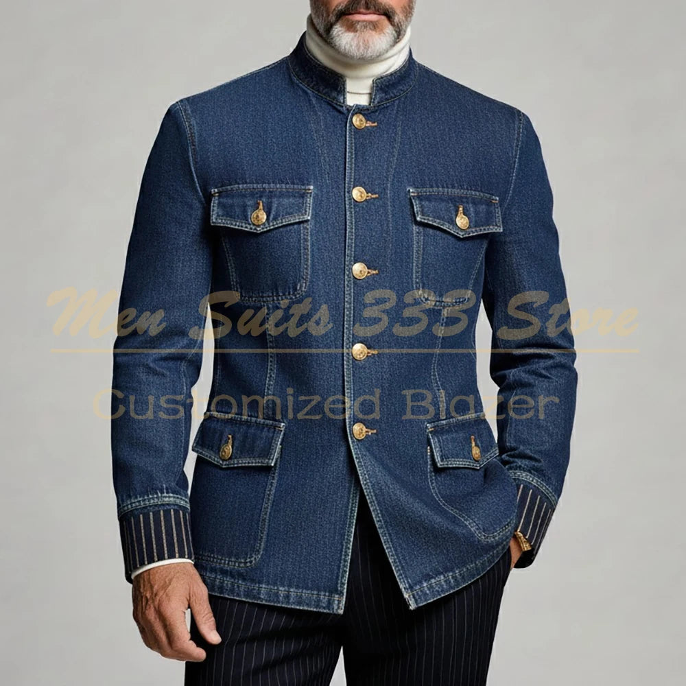 Formal Men's Suits 2026 Denim Blazer With Pinstripe Trousers Full Sets Luxury Regular Length 2 Piece Jacket Pants Costume Homme