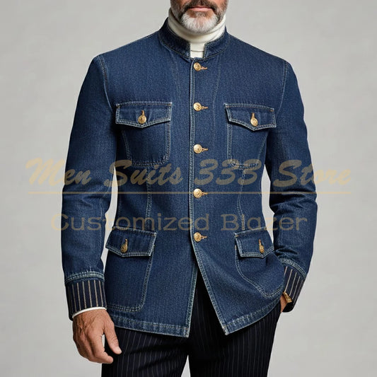 Formal Men's Suits 2026 Denim Blazer With Pinstripe Trousers Full Sets Luxury Regular Length 2 Piece Jacket Pants Costume Homme