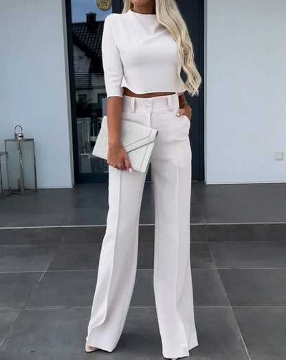Elegant Office Lady Suits Fashion Solid Color Two Piece Set For Women Casual Crop Top+high Waist Pants Women's Sets  Autumn