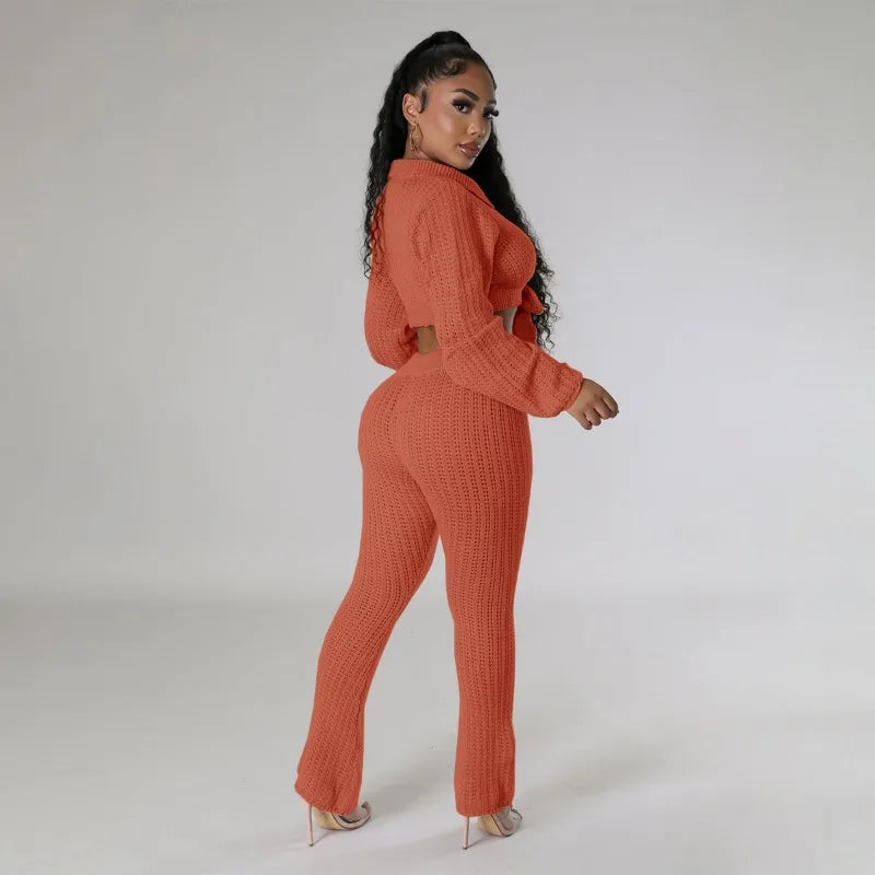 Solid Hollow Out Knitted Two Piece Set Women Long Sleeve Lace Up Cardigan Crop Tops High Waist Flare Pants Stretch Casual Suits