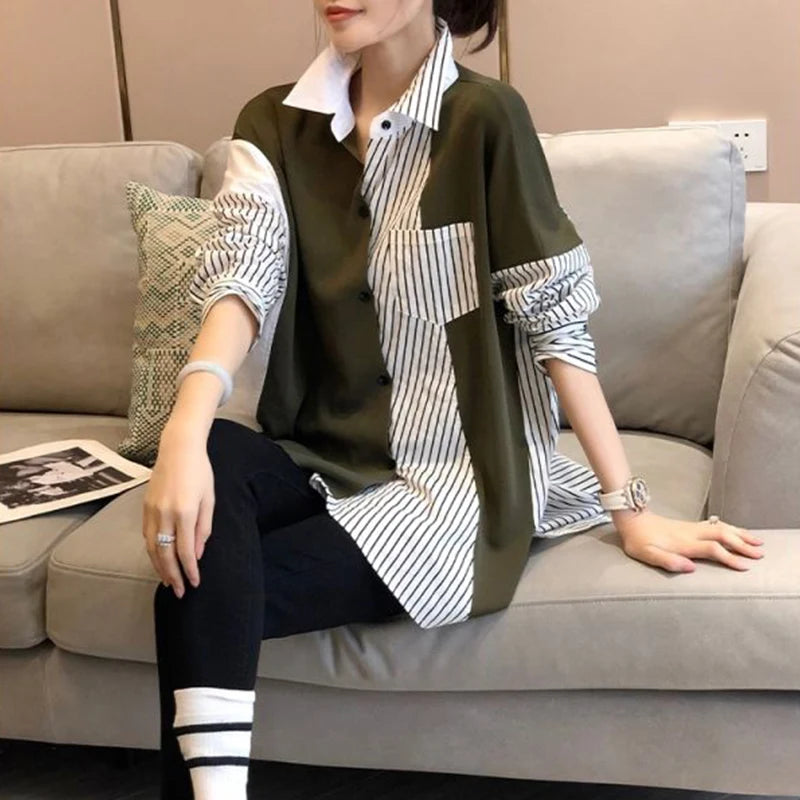 Spring Autumn New Patchwork Y2K Fashion Casual Blouse Women Long Sleeve Loose Stripe Contrast Color Lady Shirt Chic Female Tops