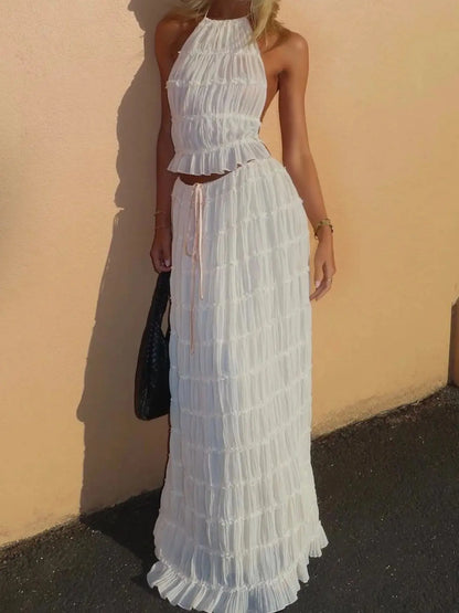 Fashion Halter Neck Long Skirt Suit Women Backless Sling Top Lace Up Fold Maxi Skirts  New Summer Female 2 Piece Set Outfits