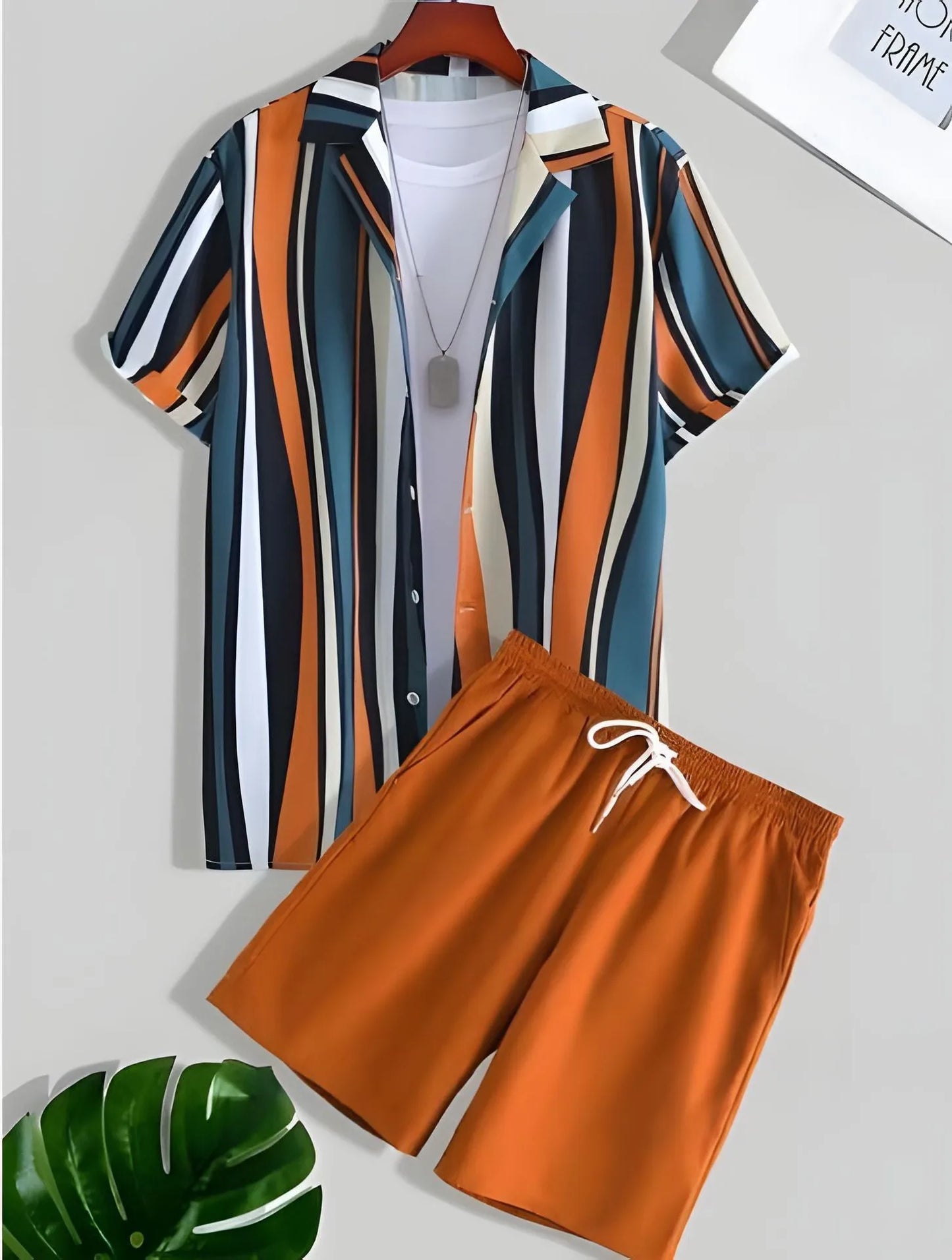 Comfortable Coconut trees leaves color blocking 3D Print shirt +Shorts Two Piece Set Short Sleeve Flip collar shirts half pants