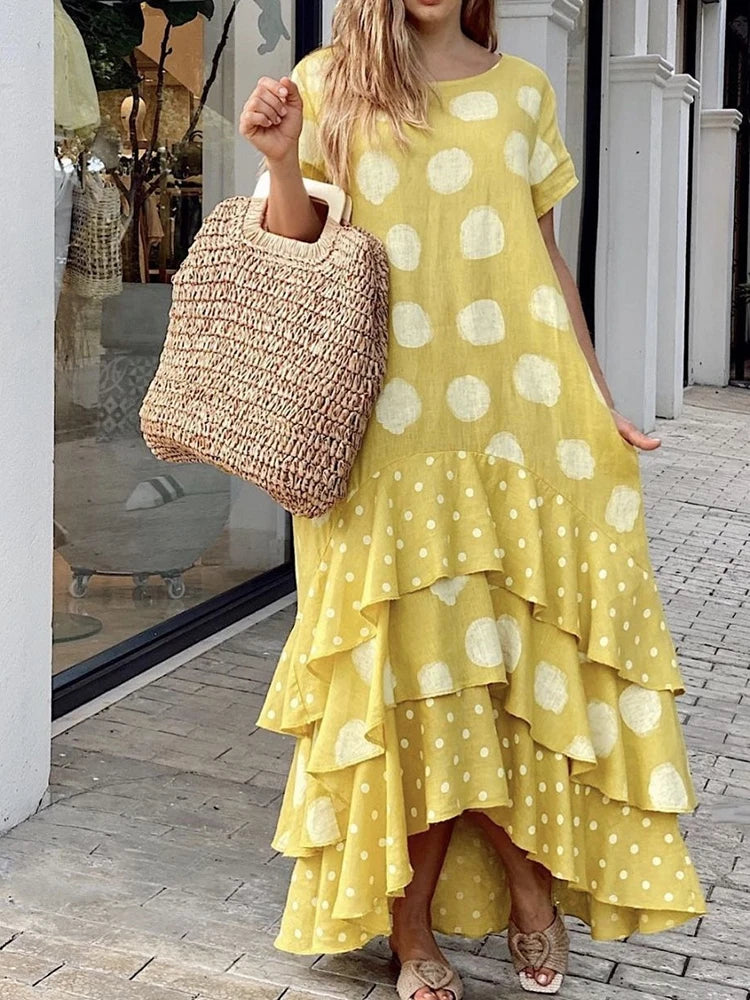 Women Dresses Summer 2022 Sexy O Neck Dot Print Boho Beach Dress Cascading Ruffle Short Sleeve Maxi Dress Wrap Sundress Robe