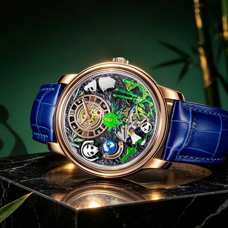 PINDU Three-dimensional Panda Dial Watches for Men High-end Luxury Transparent Hollowed Fully Automatic Mechanical Wristwatch