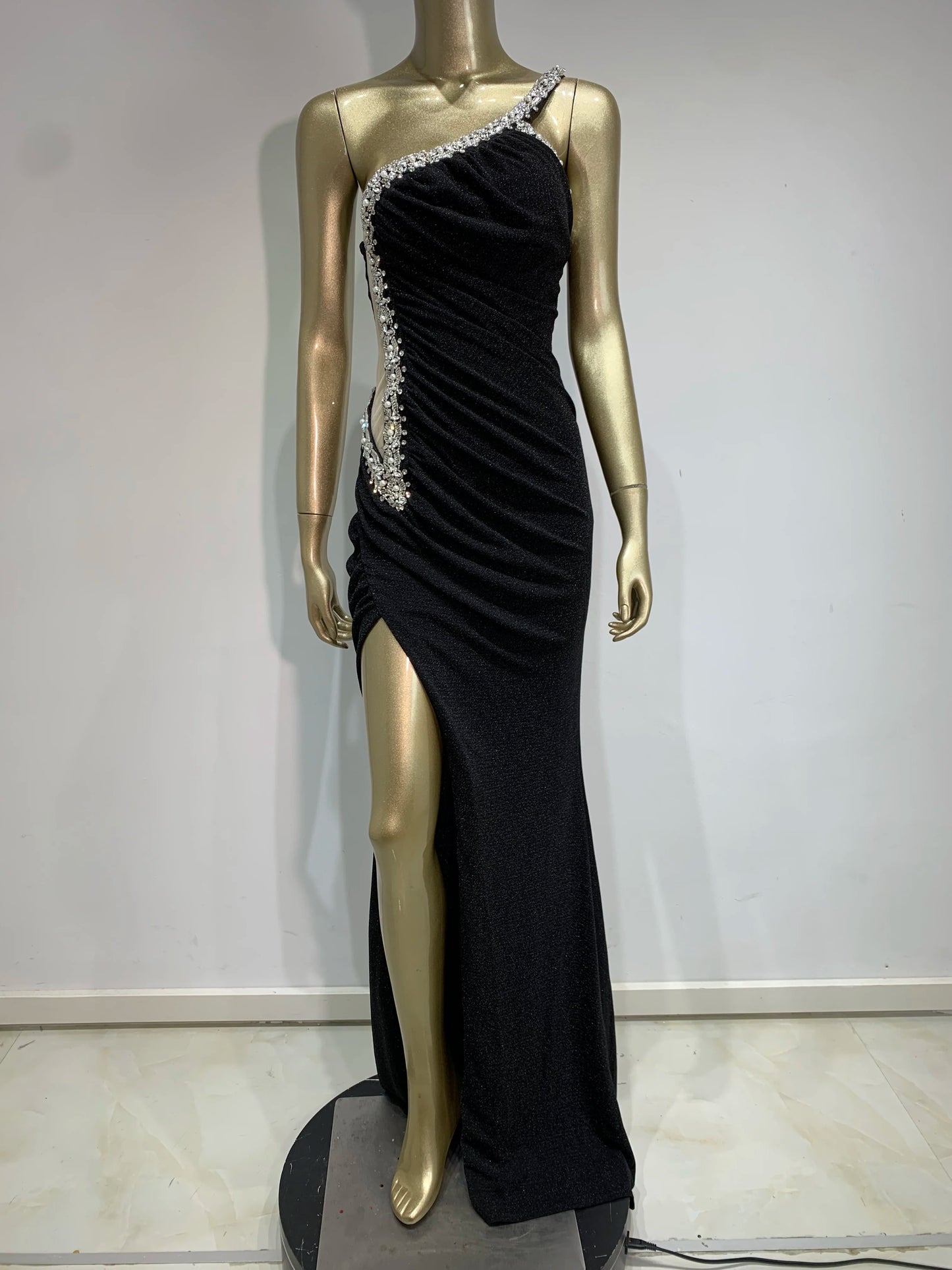 Celebrity Women Sexy One Shoulder Diamonds Black Rhinestone Maxi Long Bodycon Dress 2024 Elegant Evening Party Club Vestido