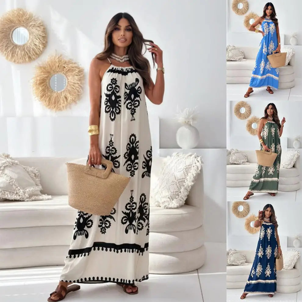 Print Spaghetti Strap Dress Woman Fashion Elegant Office Beach Party Maxi Dresses For Women Robe Femme New Female Vestidos