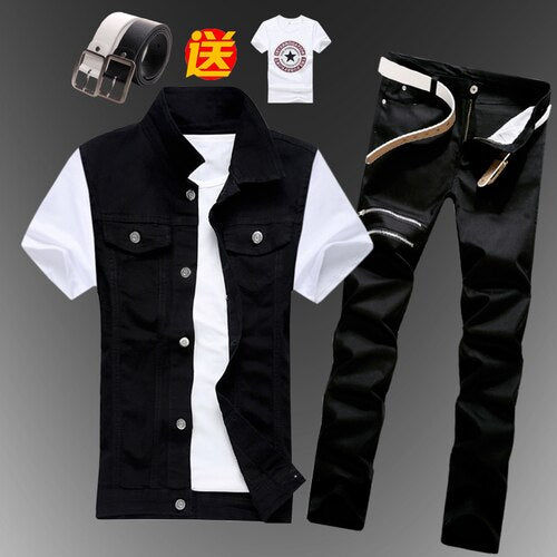 Mens Boys Casual Denim Vest Sleeveless Waistcoat Summer Jeans Pants Trousers Slim Fit Two Piece Set Summer