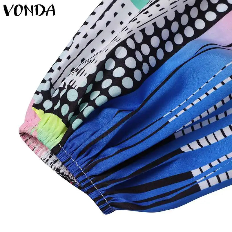 VONDA Plus Size 5XL Bohemian Printed Dress Autumn Women Elegant Long Sleeve Vintage Maxi Sundress Casual Button Loose Party Robe