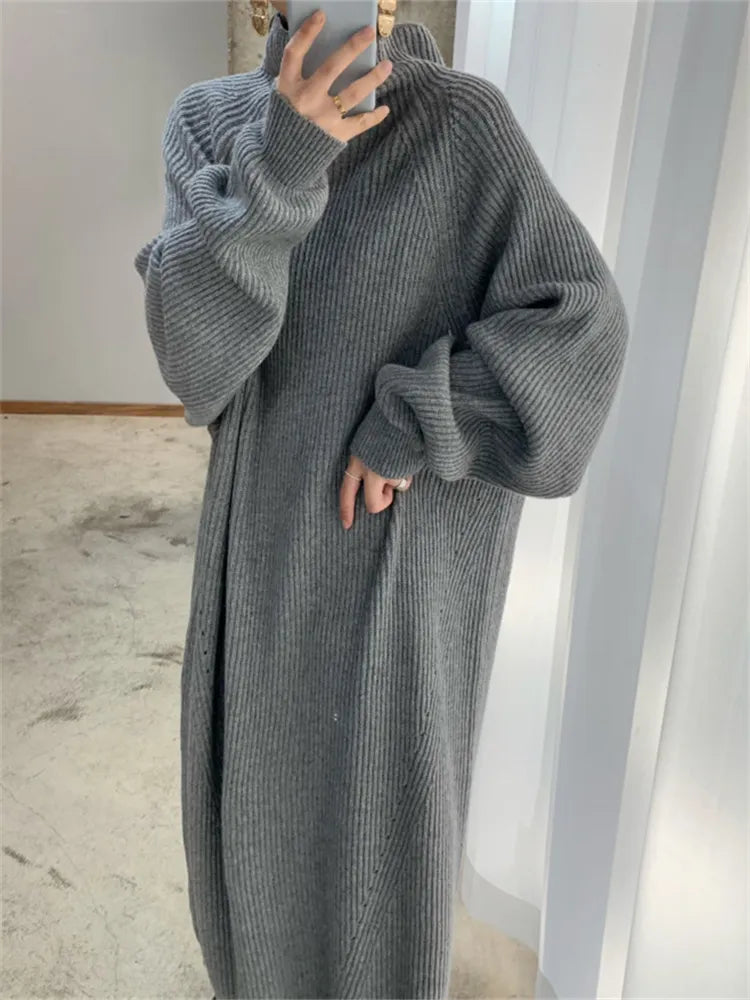 Women Dress Sweater Women Dress Thick Winter Fall Long Sleeve Knitted Dresses Maxi Vintage Oversize Knitting Turtleneck Black