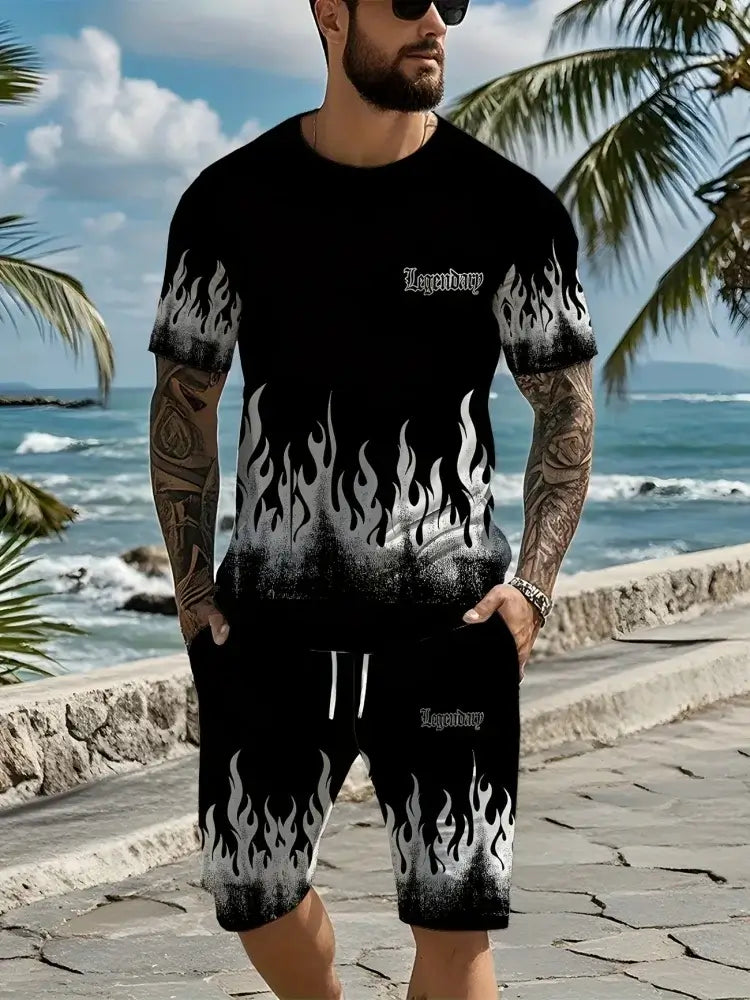 Herren Sommer Kurzarm-Set Hip-Hop Cartoon Bären-Print Kurzarm-Oberteil Shorts Lässiger Zweiteiler Outdoor Urban Street Fashion
