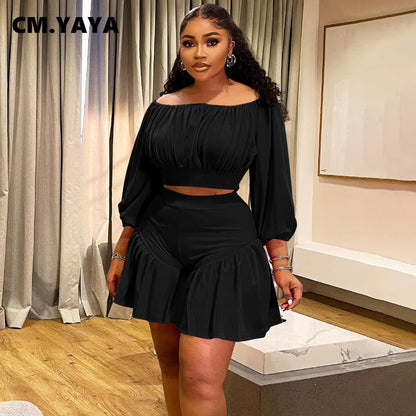 CM.YAYA Plus Size Women's Set Long Sleeve Slash Neck T-Shirt and Shorts  Summer Ruched Two 2 Piece Set Outfits Tracksuit