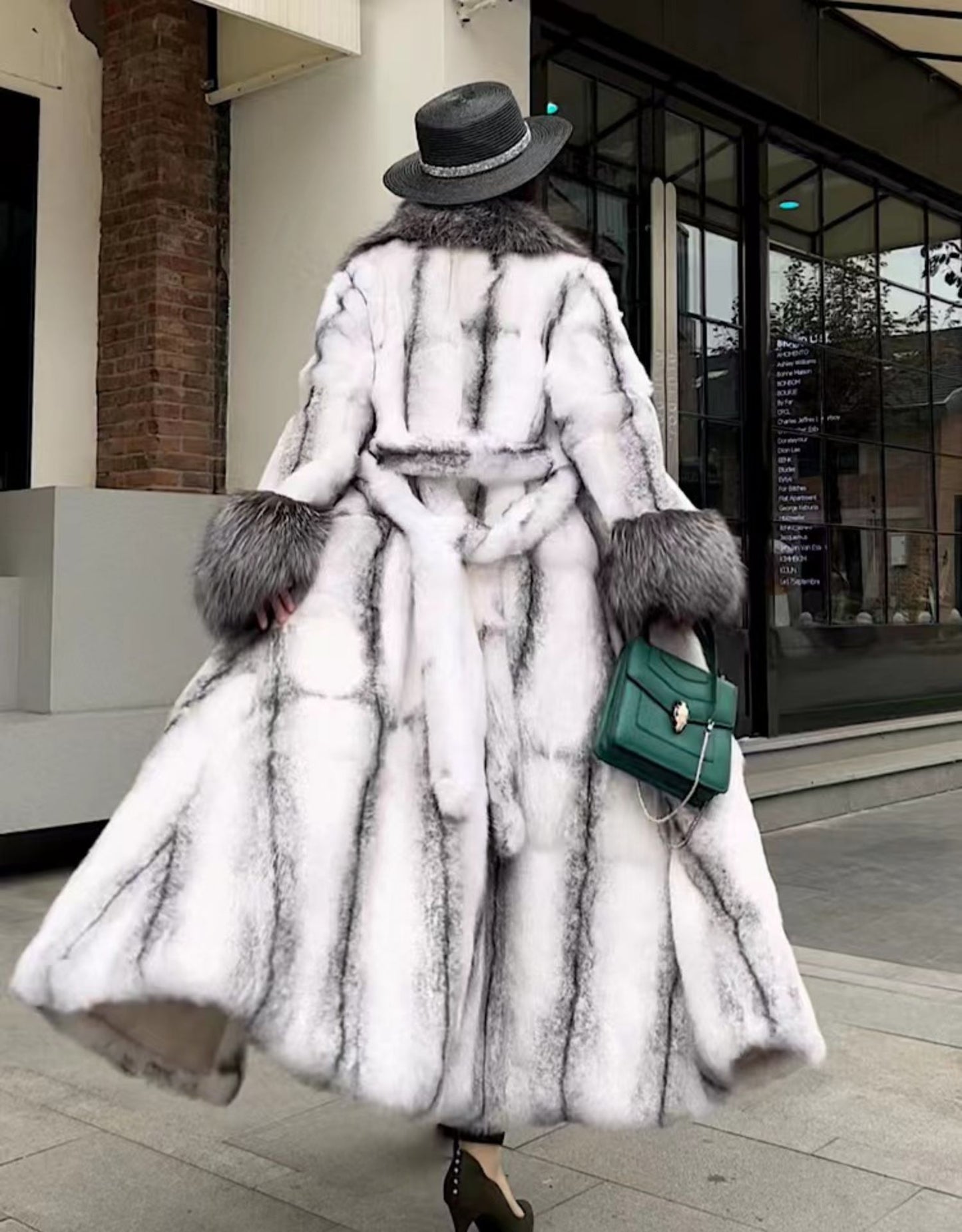 Furyoume Winter New Real Rabbit Fur Coat X-long Thick Warm Natural Fur Jacket With Fox Fur Collar/cuffs Luxury Fur Belt Fashion