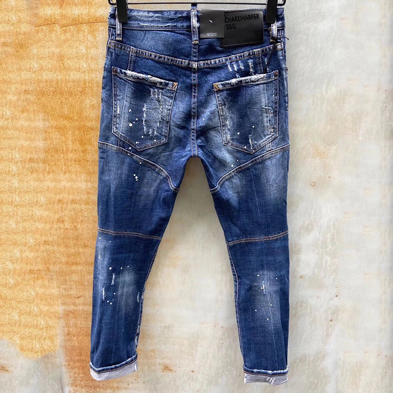 US100 Chareiharper DSQ Cotton T121 Men's Jeans Straight Fit Elastic Blue Paint Wash Water Tear Tear Process Italian Design Jeans