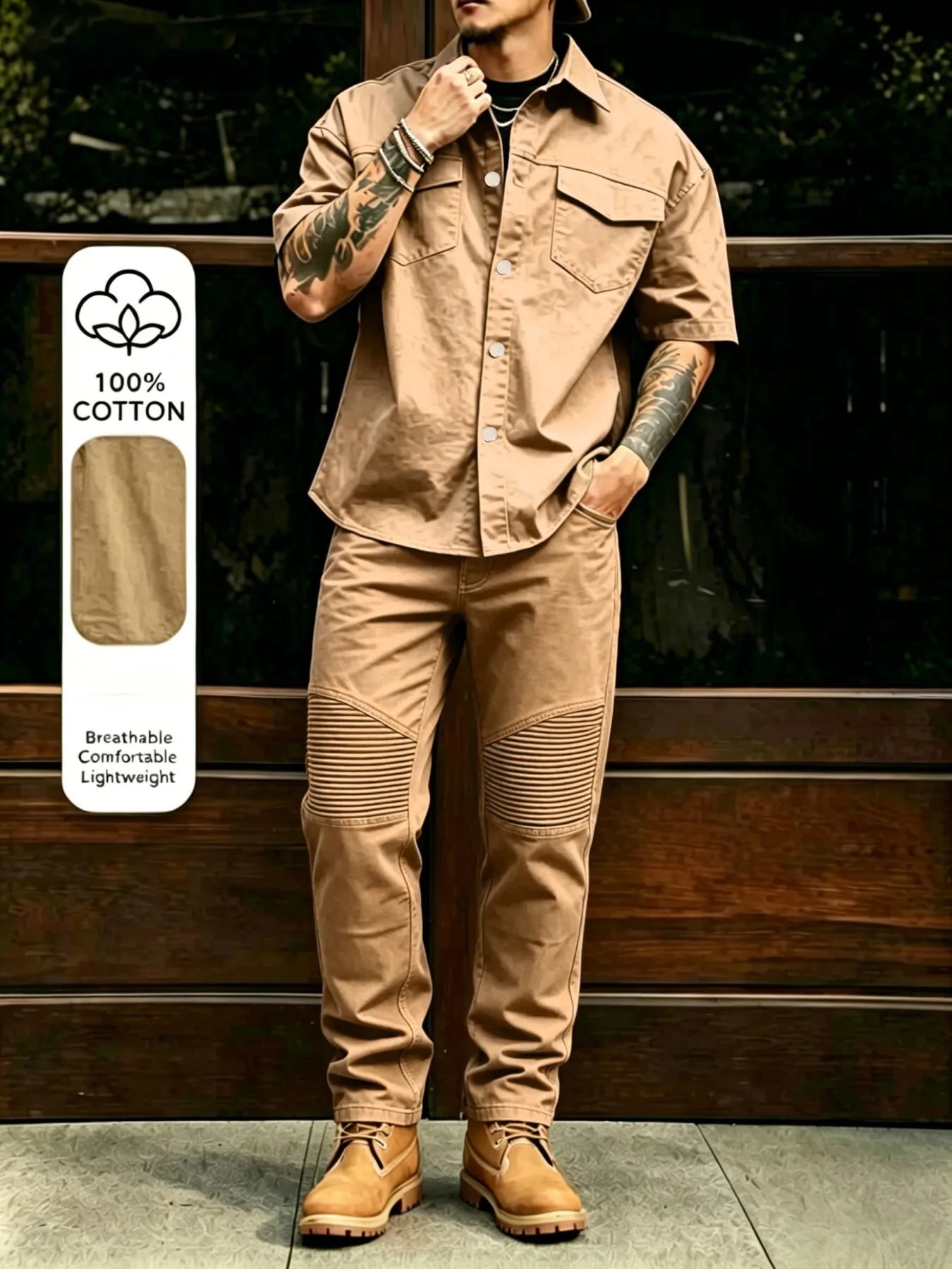 Men's Casual Workwear 100% Cotton Multi-Pocket Short-Sleeved Shirt Pants Set Male Cargo Overalls Streetwear Short Sleeve Button