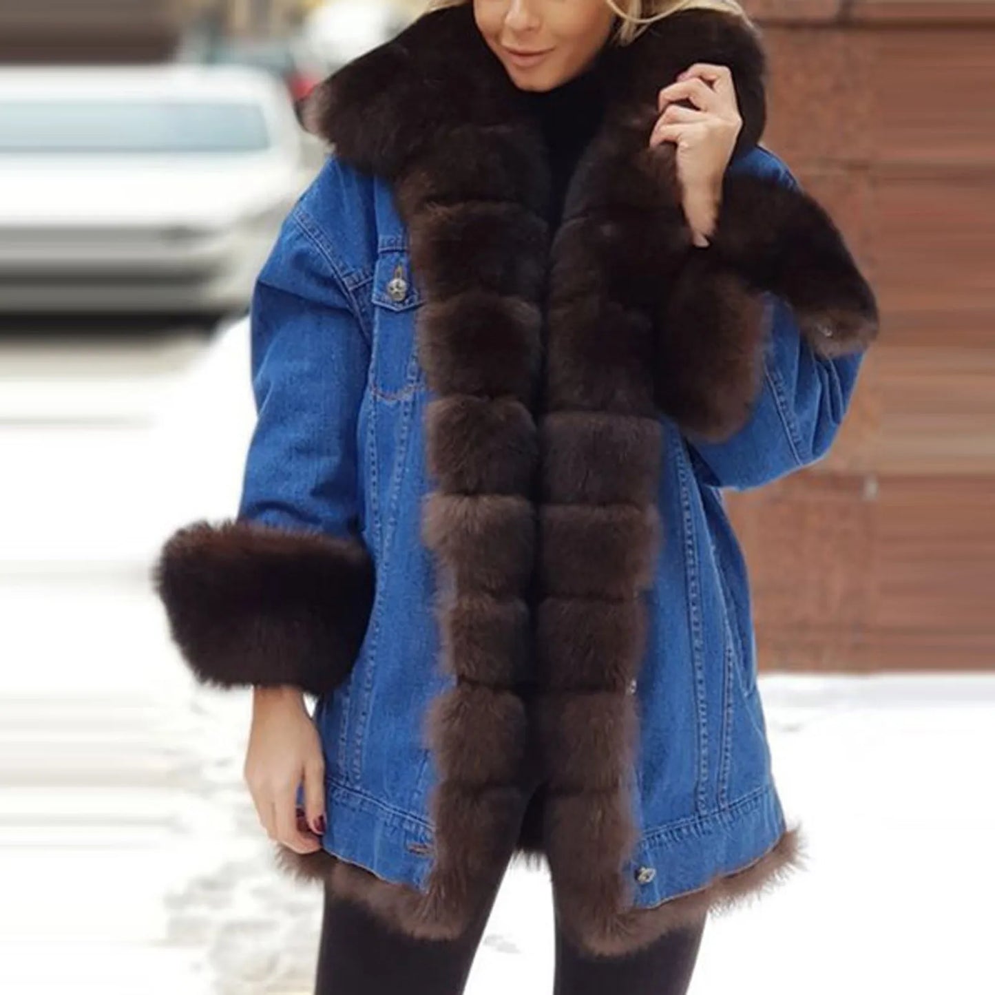 Fashion faux fur coat Autumn and winter Women's long-sleeved leather fur denim Medium coat Splicing Fleece Jackets Warm Overcoat