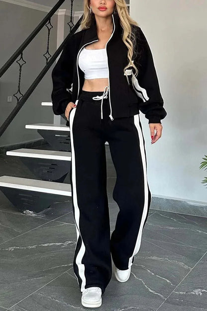 Autumn Winter Women's New Hoodie Suit Y2K Striped Zipper Loose Fit Jacket Outwear And High Waist Side-striped Pants Sports Sets